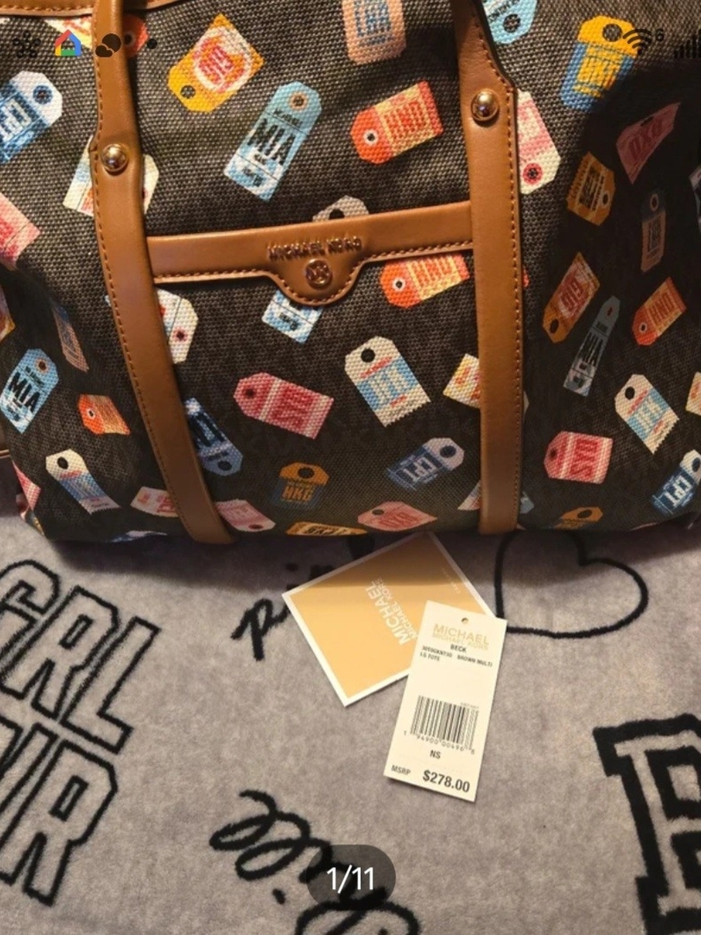 Michael Kors Brown Logo Tote with Multicolor Tag Print